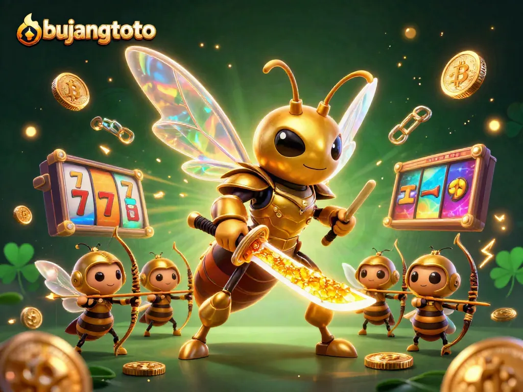 Bujangtoto illustrated scene features a vibrant golden hornet in samurai armor amidst energetic casino elements, symbolizing online gaming.