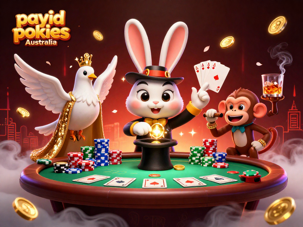 Engage with payid pokies Australia through a vibrant gaming scene with a magician rabbit, dove, and monkey.