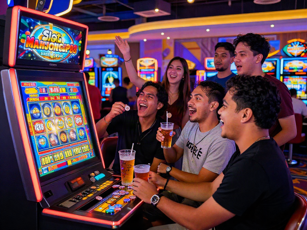 Friends enjoying Slot Gacor MAHJONGJP88 at a vibrant casino, celebrating together, high-energy atmosphere.