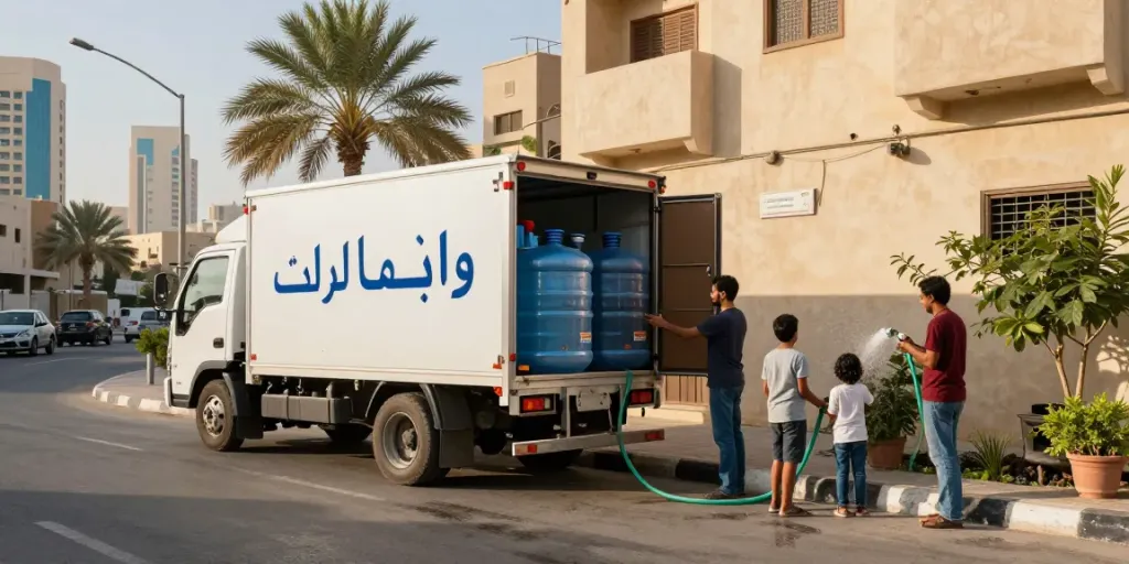 Delivery truck with وايت ماء الرياض supplying residential water tanks in vibrant Riyadh street.