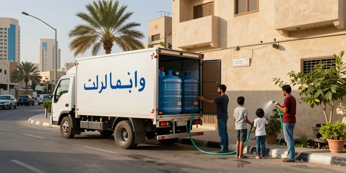Delivery truck with وايت ماء الرياض supplying residential water tanks in vibrant Riyadh street.