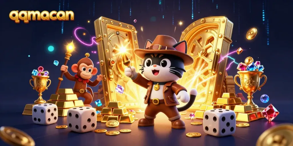 Engage with qqmacan's vibrant casino adventure featuring a cat explorer amidst treasures.