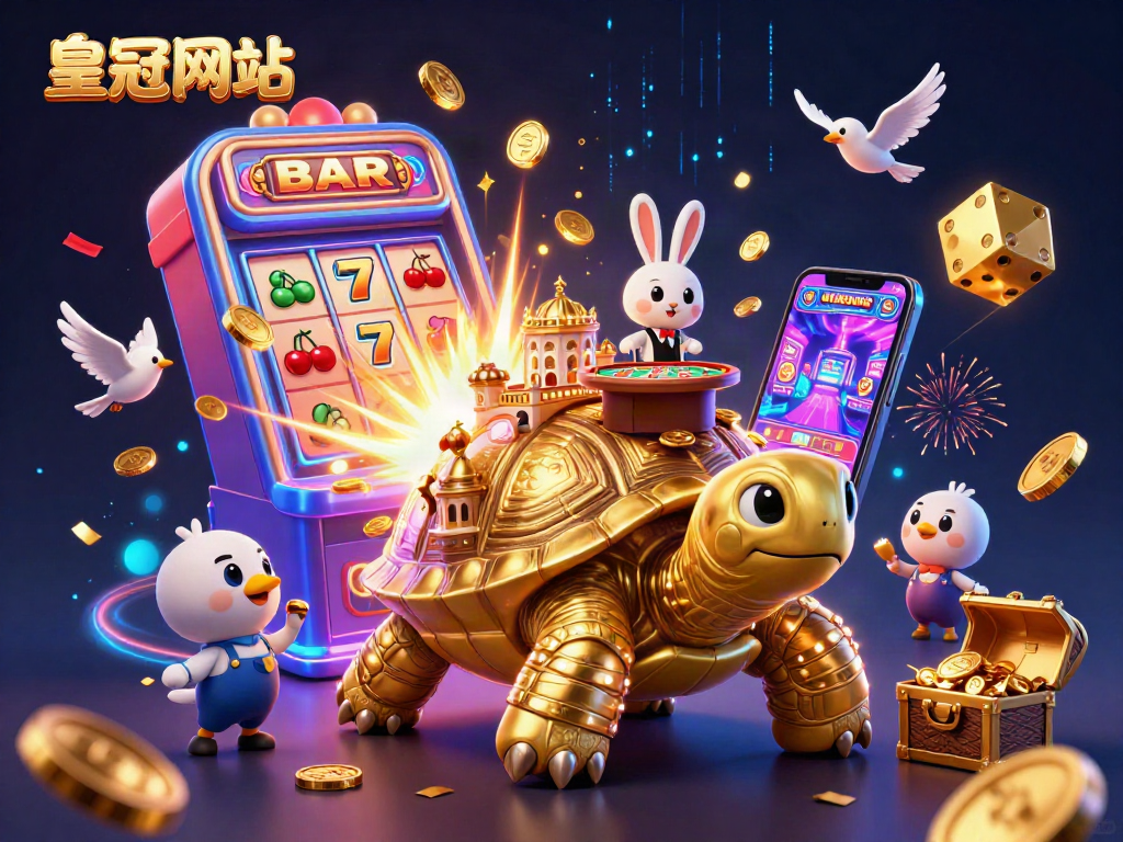 在皇冠网址中,巨大的3D卡通金龟壳上有迷你赌场宫殿,兔子荷官在旁为玩家发牌。
