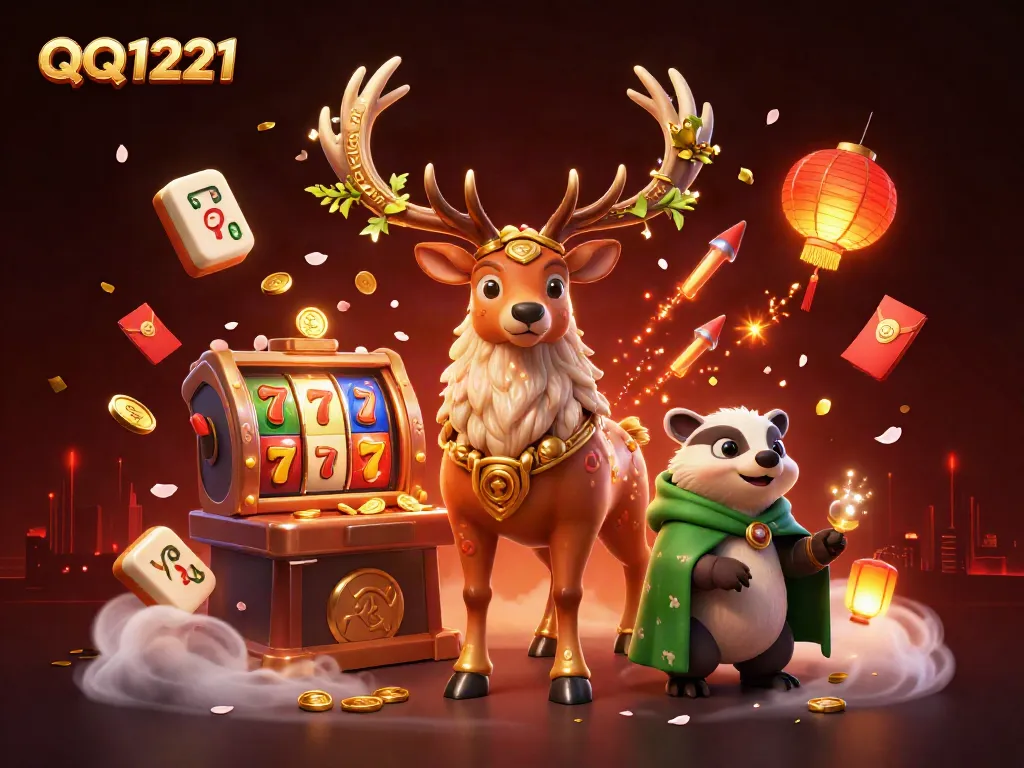 Experience thrilling gameplay with QQ1221 amidst dazzling slots and festive elements.