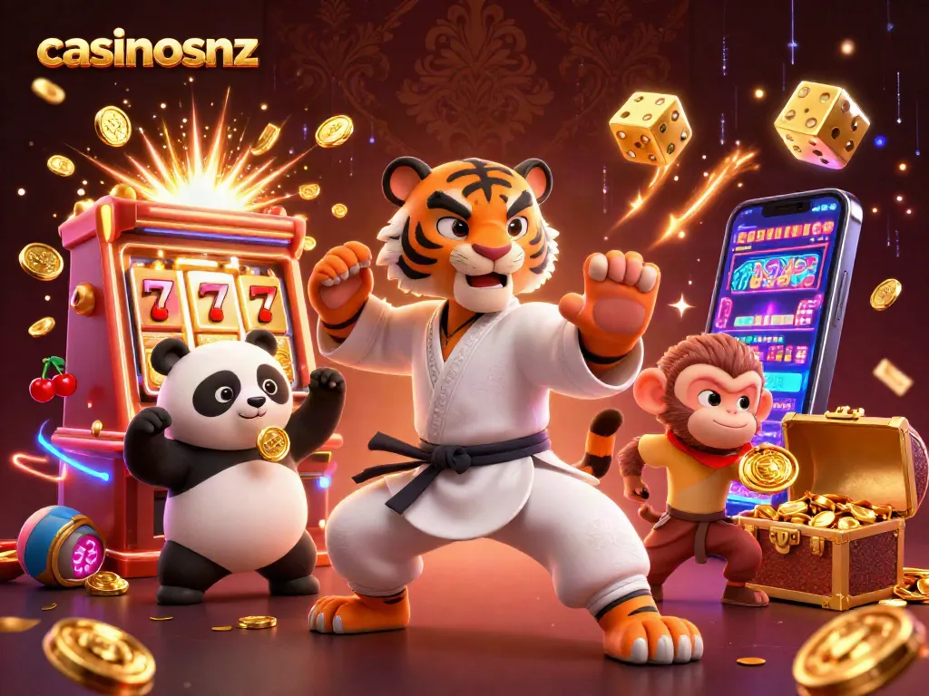 Experience the thrilling action of casinosnz with a kung fu tiger and friends at a vibrant slot machine.