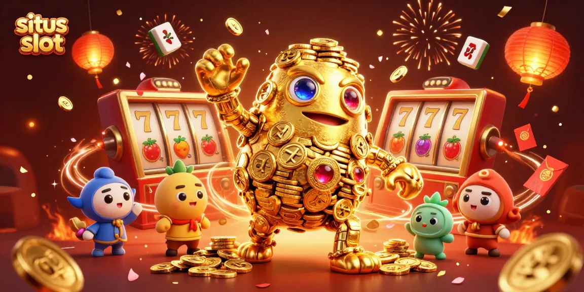 Permainan situs slot yang menarik dengan simbol mesin slot yang berkilau dan golem emas berputar di sekitarnya.
