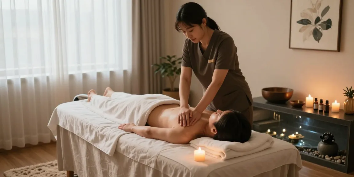 Relaxing 안양출장안마 massage scene in a serene therapy room with calming elements.