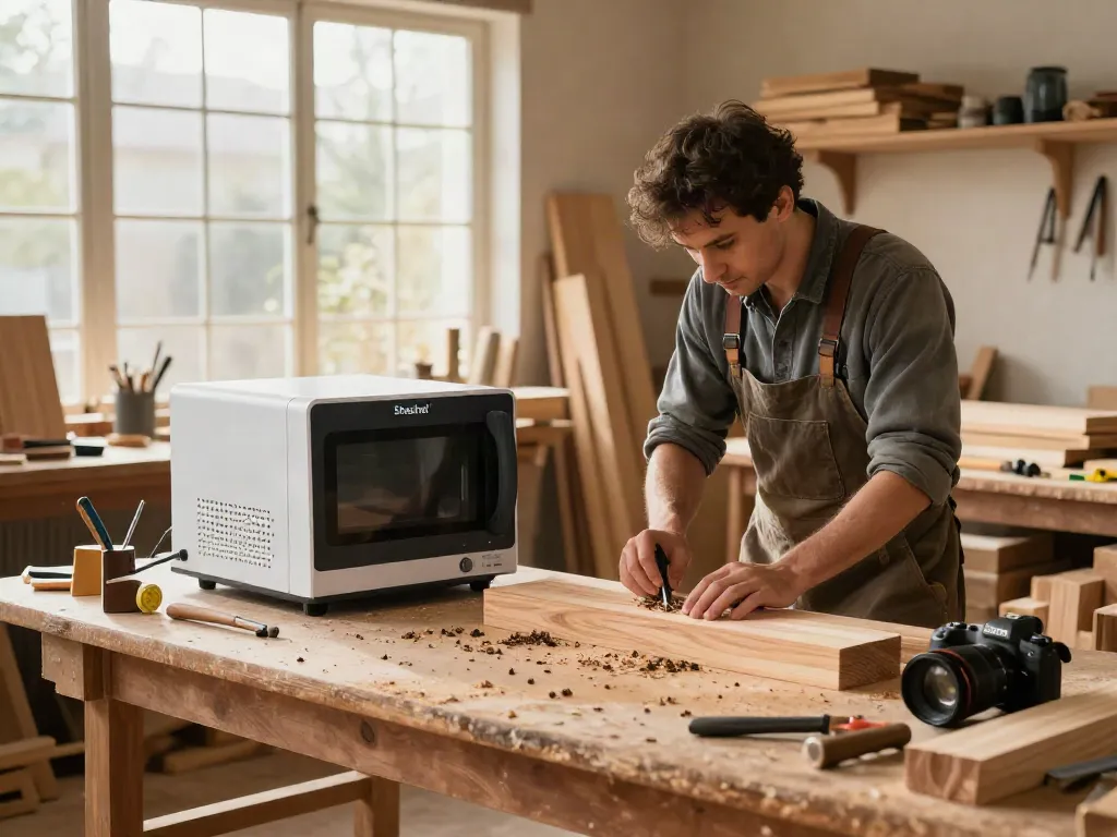 Craftsman using Shashel® microwave technology for wood treatment in a modern workshop