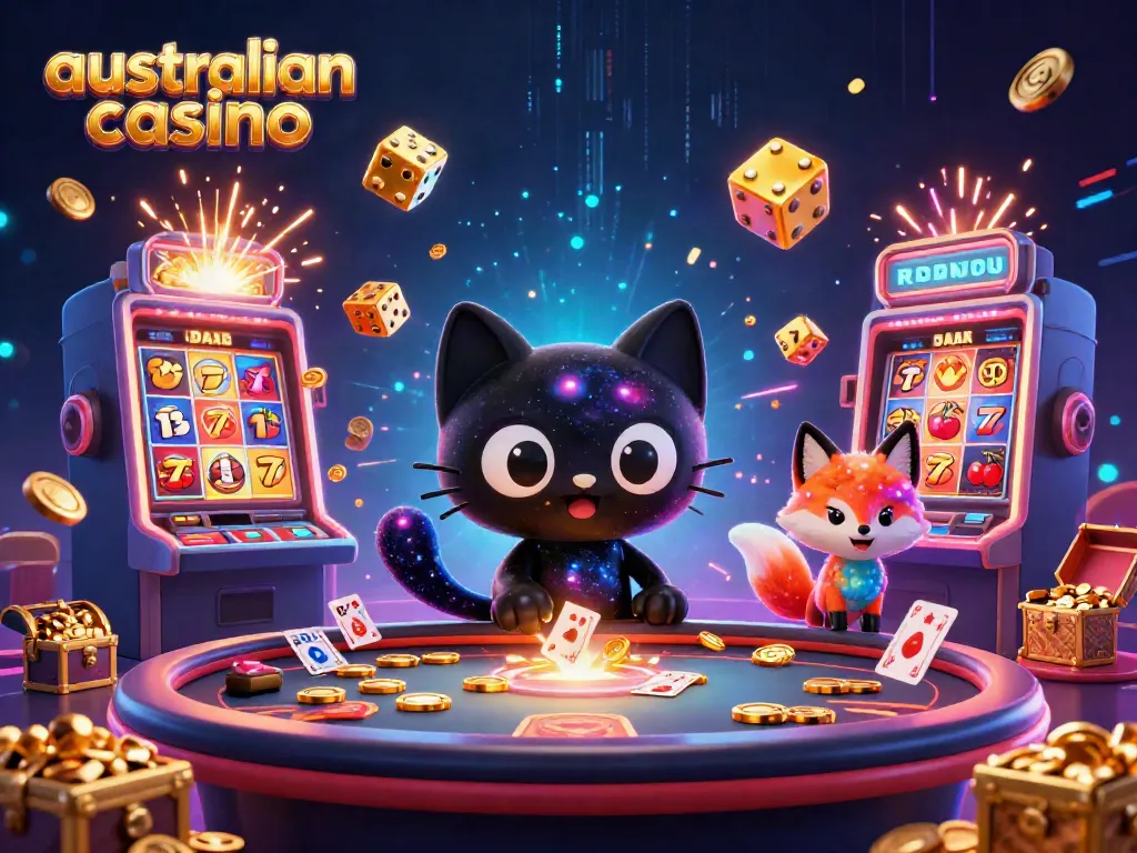 A dynamic scene showcasing a cosmic casino with a black hole cat and a colorful nebula fox, highlighting the fun of an australian casino.