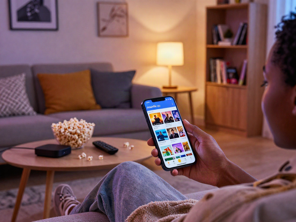 Engaging with the cocoflix apk on a smartphone in a stylish living room while enjoying a movie night experience.