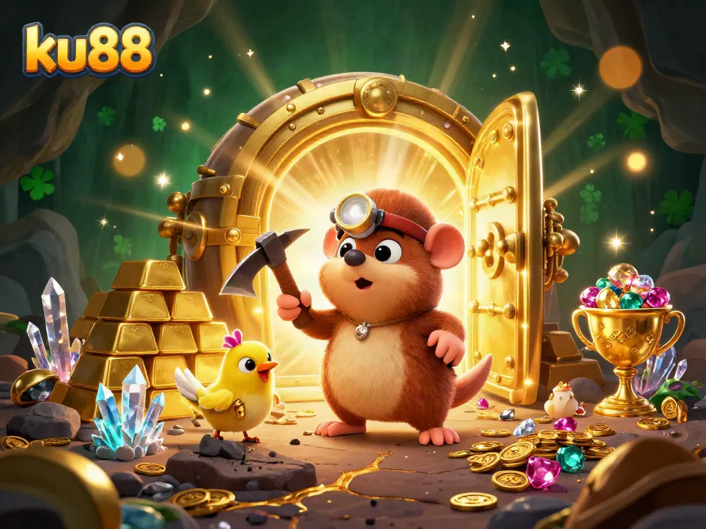 ku88 gaming scene featuring treasure hunter mole and canary with gems, gold, and sparkling elements