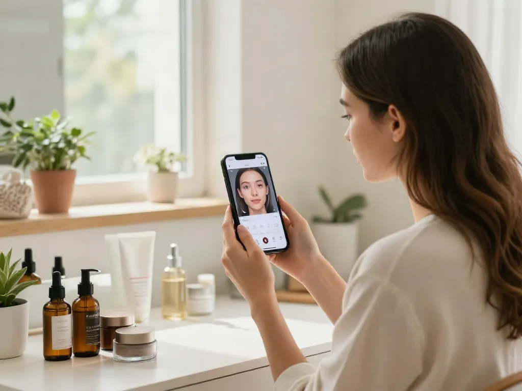 Woman evaluating her features using alternatives to QOVES with beauty products on a bright vanity.