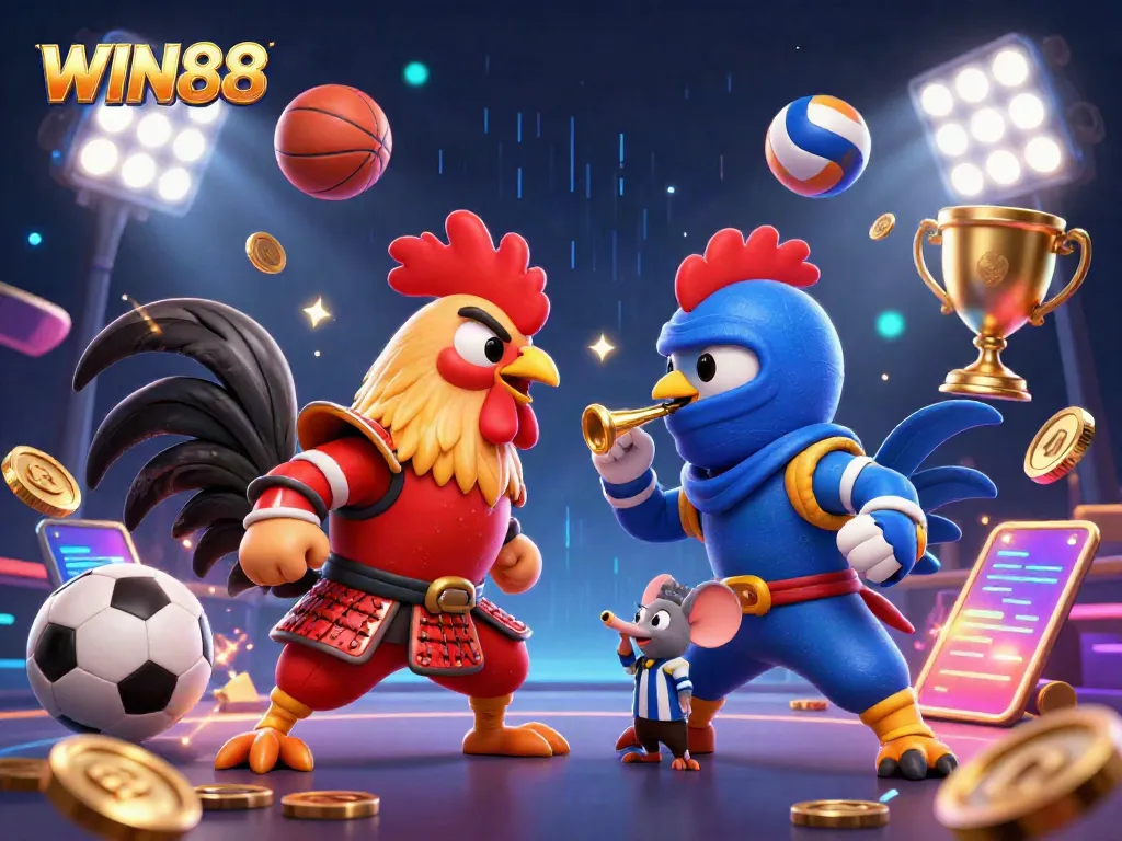 Watch the epic showdown of WIN88's cartoon roosters in a stunning 3D battle scene.