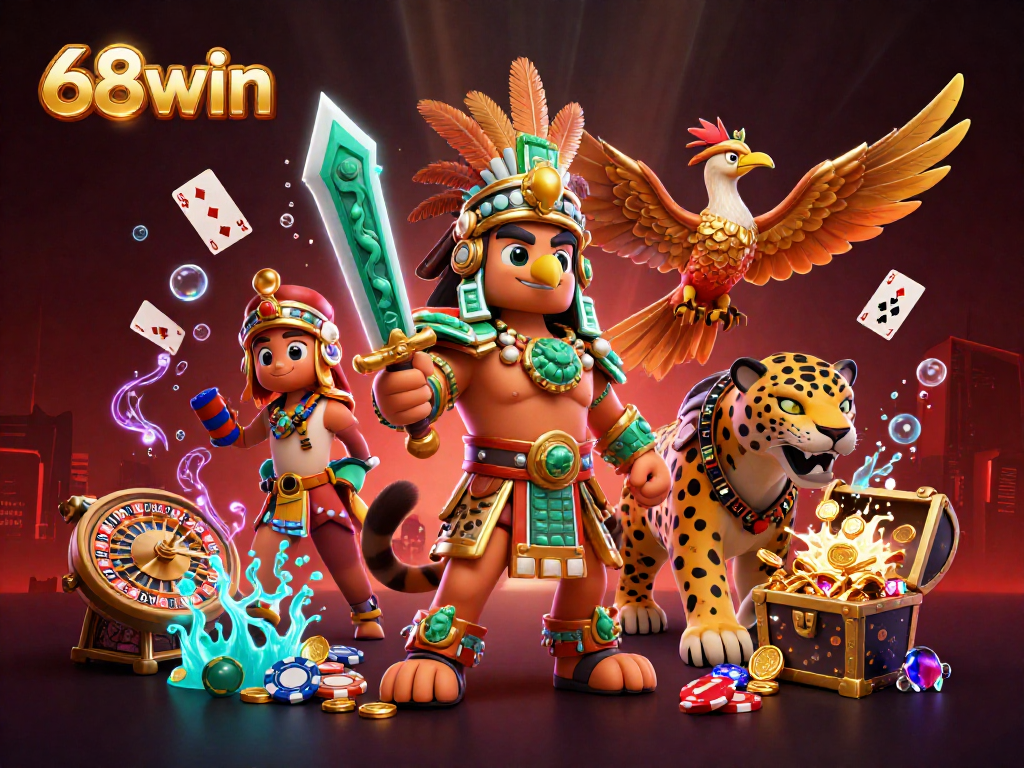 Experience high-stakes action with 68win in a vibrant gambling scene filled with cards and coins.