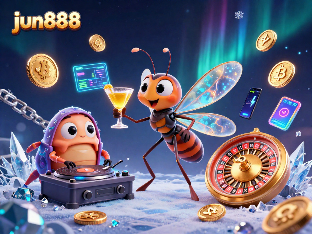 Engage in thrilling casino action with jun888's vibrant 3D scene of a mosquito mascot and trilobite DJ.