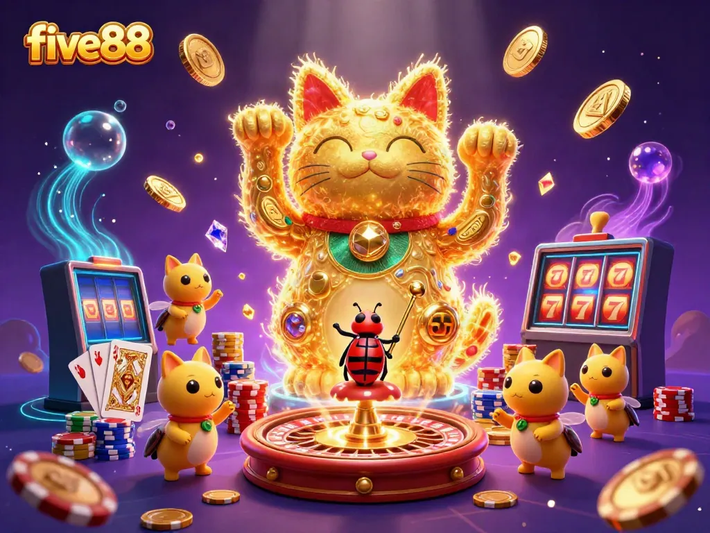 Experience the vibrant magical world of five88 with golden fireflies and dynamic casino symbols.