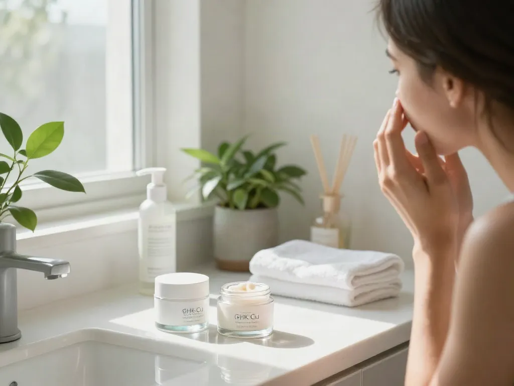 Woman applying GHK-Cu peptide cream during a morning skincare routine.