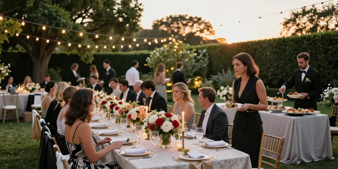 Event rentals showcased at a sophisticated outdoor wedding reception with elegant decor.