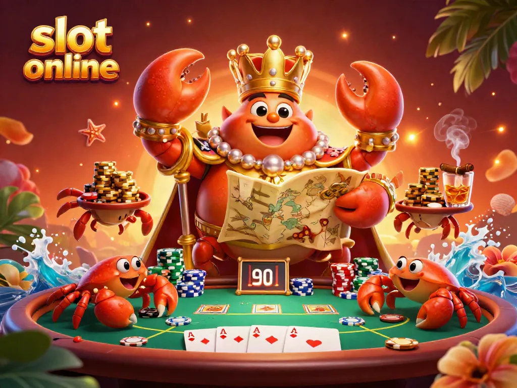 Experience thrilling gameplay with slot online as the golden crab emperor rules a rich casino scene filled with poker chips and cards.