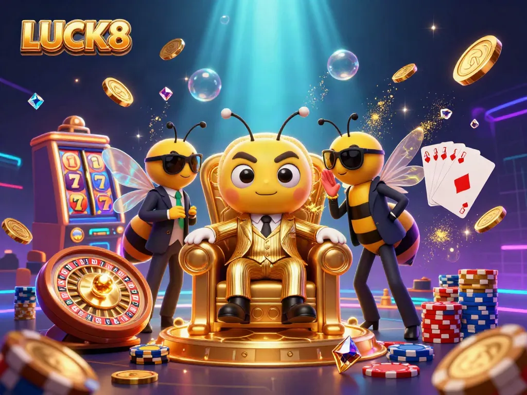 Experience the thrill of LUCK8 with a vibrant casino scene featuring a bumblebee mob boss and dynamic gaming elements.