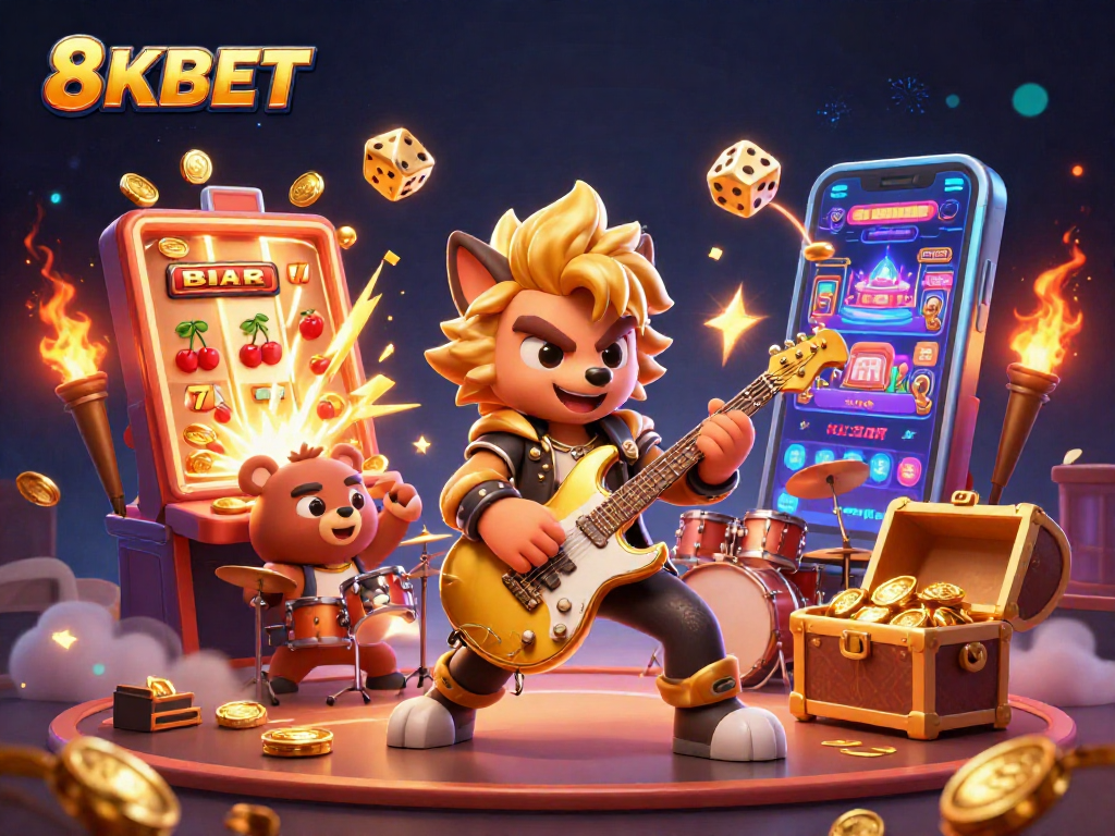 Experience the thrill of winning with 8KBET in this vibrant casino scene featuring characters and winnings.