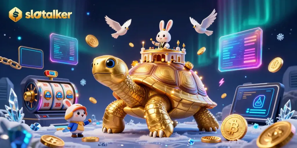 Engage with slottalker for vibrant 3D casino excitement featuring a golden tortoise and neon crypto elements.
