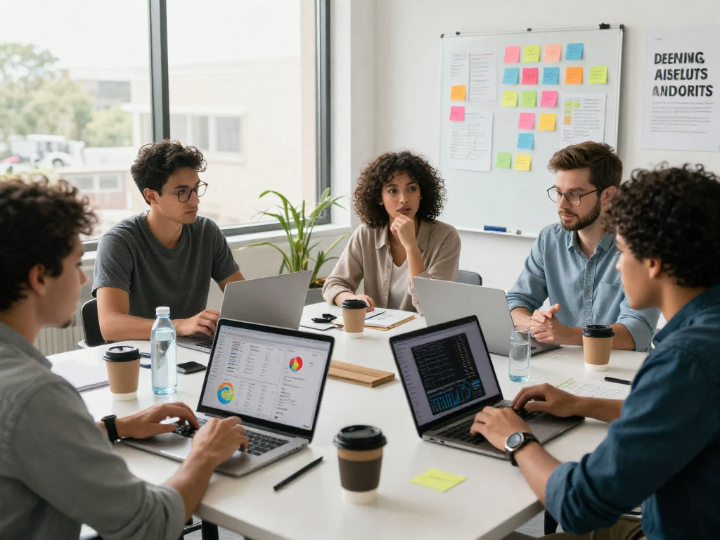 Purchase app installs in a modern marketing workspace with a diverse team brainstorming and analyzing data.