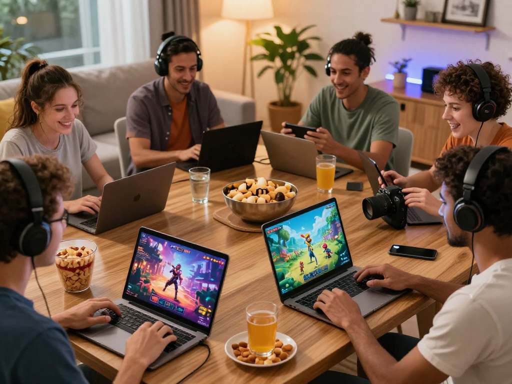 Diverse group playing engaging porn games online on various devices, showcasing a vibrant and inviting gaming atmosphere.