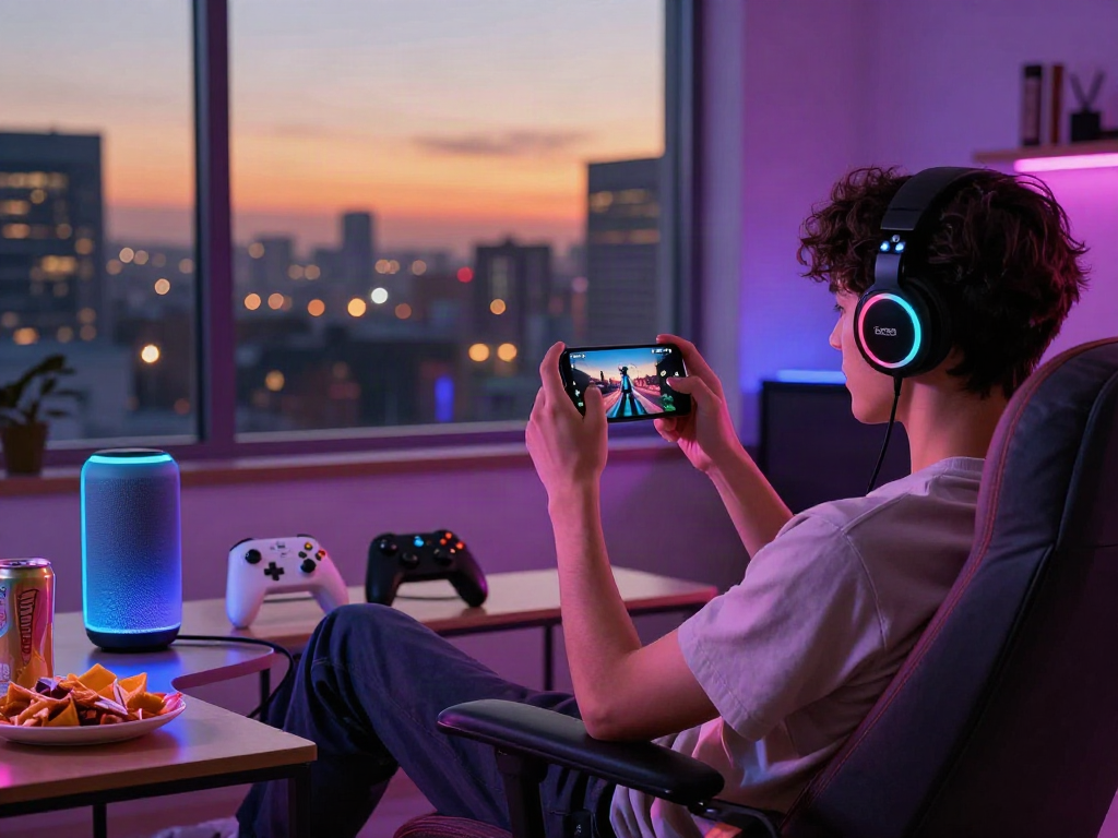 Engaging gaming setup with mobile porn games on smartphone, cozy atmosphere with LED lights.