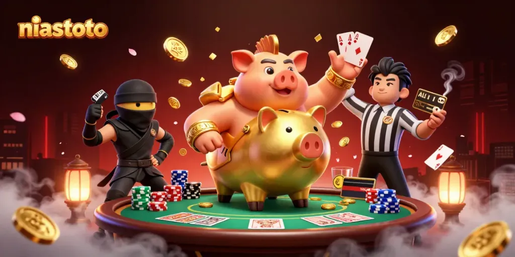 Niastoto's exciting gaming experience showcased by a golden piggy bank and gaming elements.