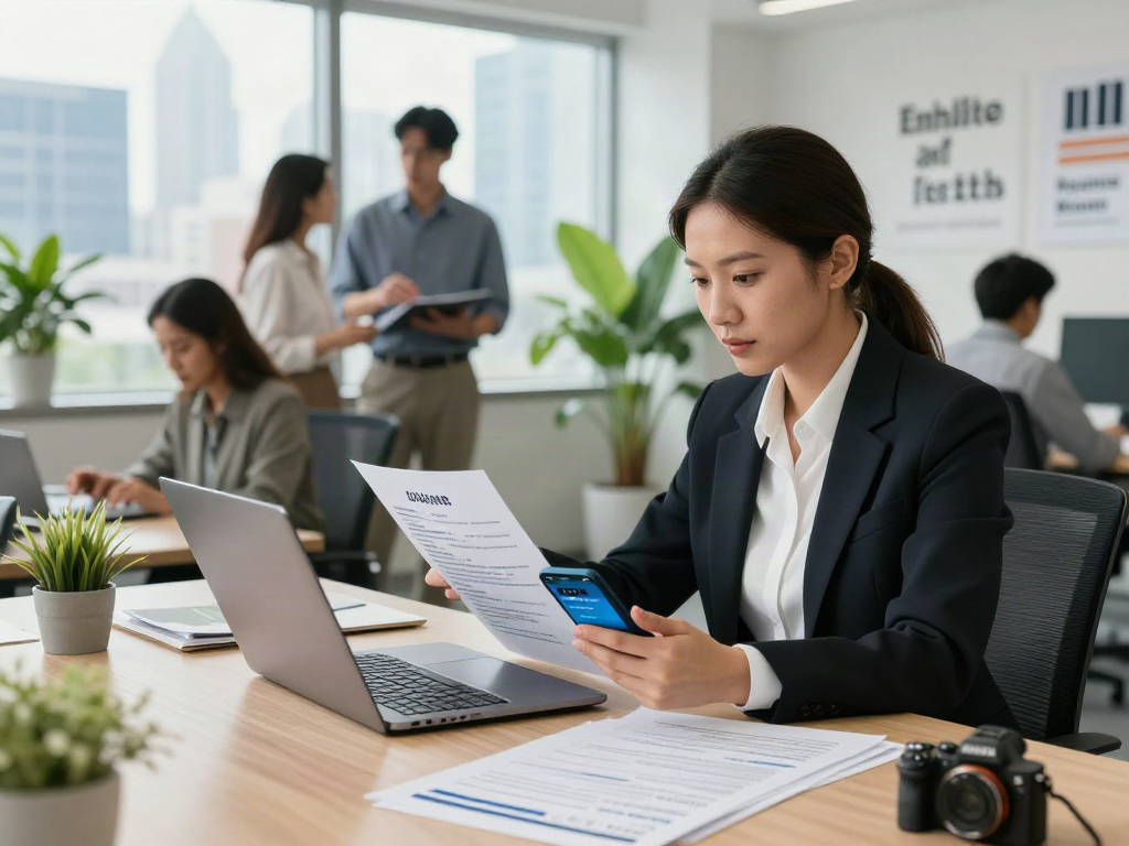 Job seeker in office reviewing หางาน applications on a laptop with vibrant city view.