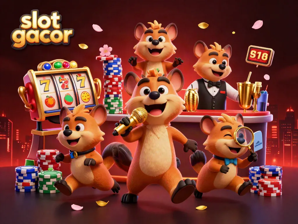 Experience slot gacor with a dynamic casino scene featuring hyenas in a comedy club surrounded by vibrant slot reels.
