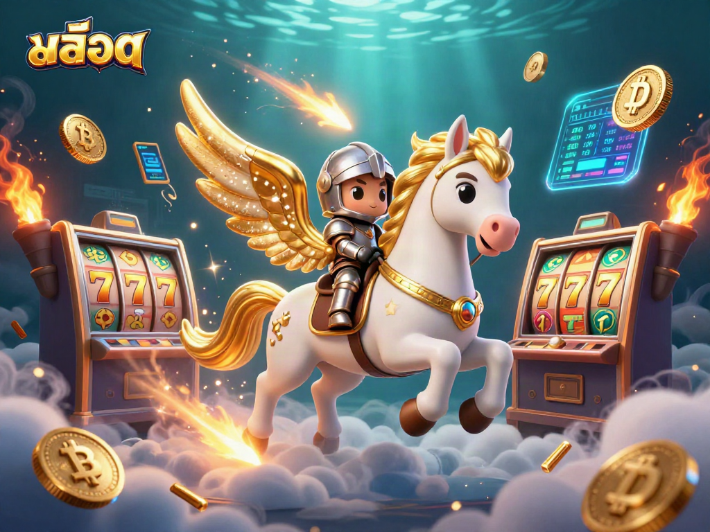Play สล็อต with vibrant slot symbols and crypto elements in an engaging dynamic scene.