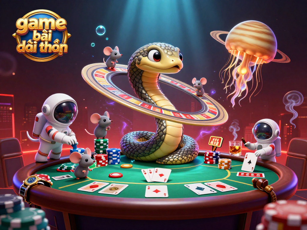 Engage with game bài đổi thưởng in this dynamic cosmic casino scene featuring imaginative characters and rich details.