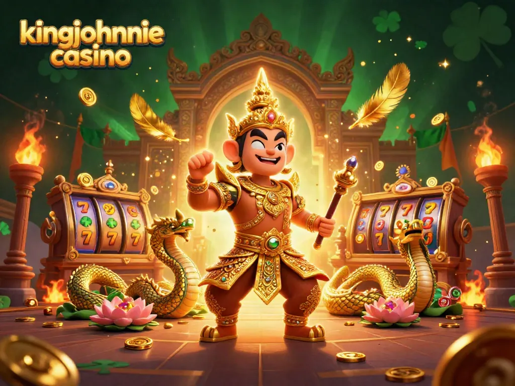 Experience the thrill of kingjohnnie casino with vibrant animated characters, slots, and rich decorations.