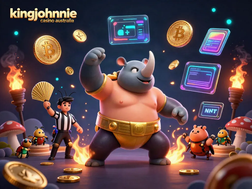 Engaging gaming scene showcasing kingjohnnie casino australia with characters, cryptocurrency, and action.