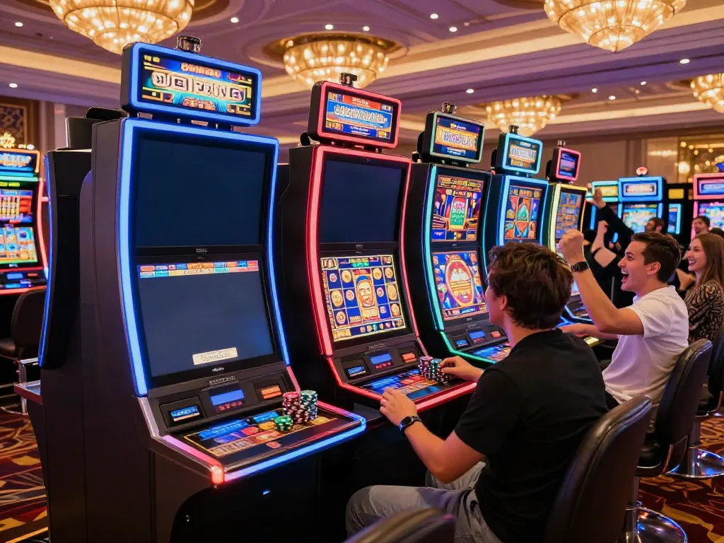 Thrilling casino scene with players enjoying สล็อต games at vibrant slot machines.