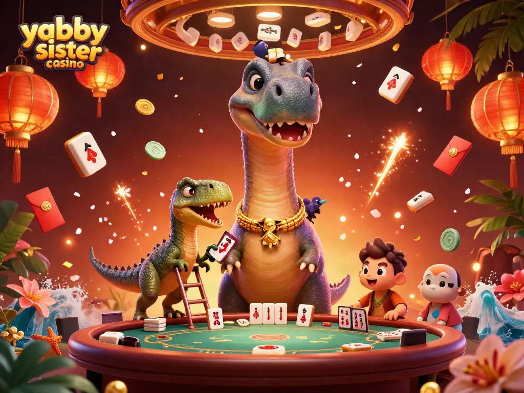 Experience vibrant action at a yabby sister casino with a clever raptor dealing cards amidst lively game elements.