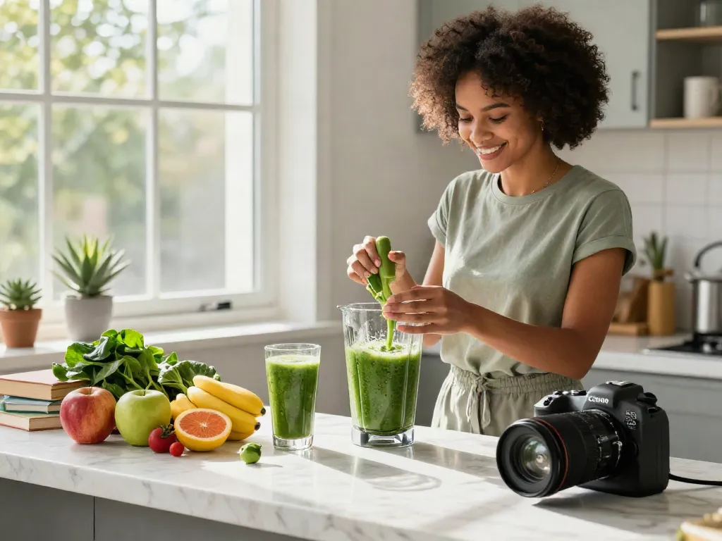 Health enthusiast preparing a c-nad smoothie with fresh ingredients in a bright kitchen.