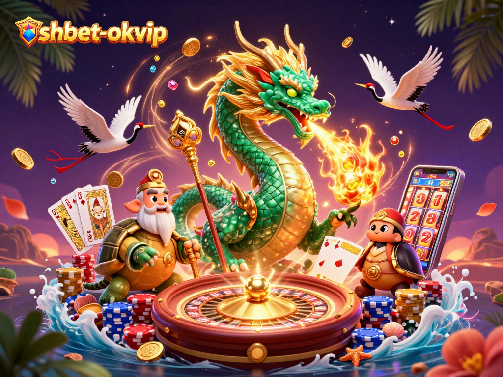 Experience thrilling gameplay at shbet-okvip with dragon and turtle sage in a vibrant casino scene