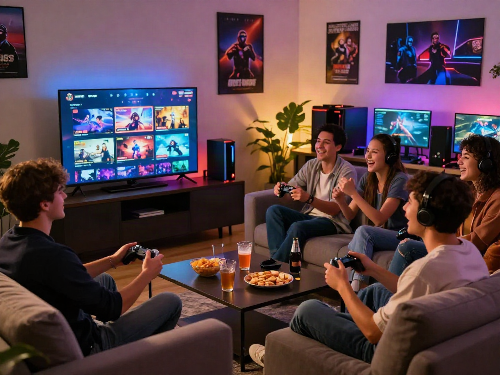 Friends enjoying porngames together in a cozy gaming setup.