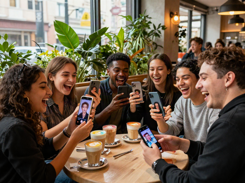 Friends discovering their celebrity look alike at a café, vibrant atmosphere.