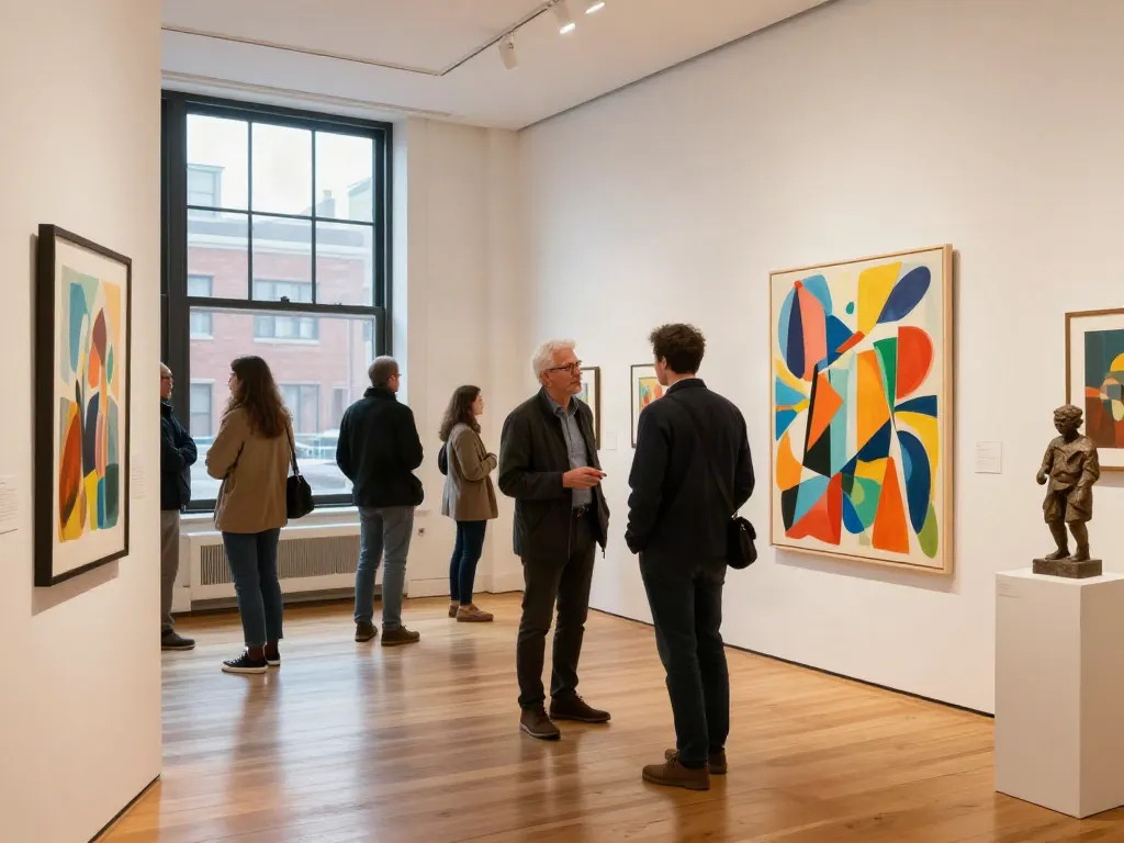 Bruce Bailey Toronto engaging with an artist in a contemporary art gallery filled with vibrant artworks.