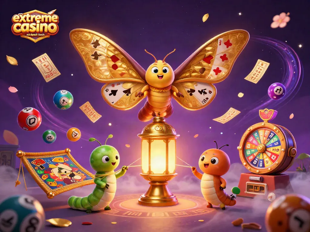 Experience extreme casino no deposit bonus with vibrant visuals of a 3D moth and dynamic casino elements.