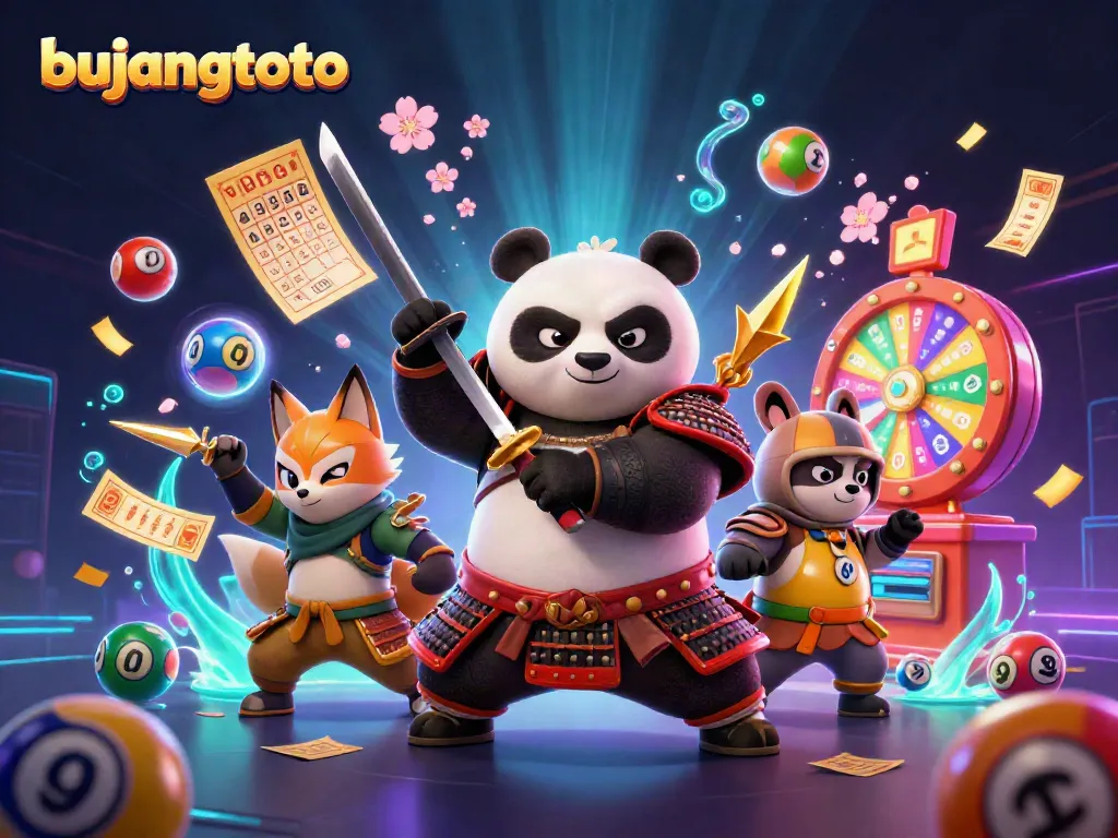 Experience the excitement of bujangtoto as a samurai panda battles alongside a ninja fox amidst vibrant casino elements.