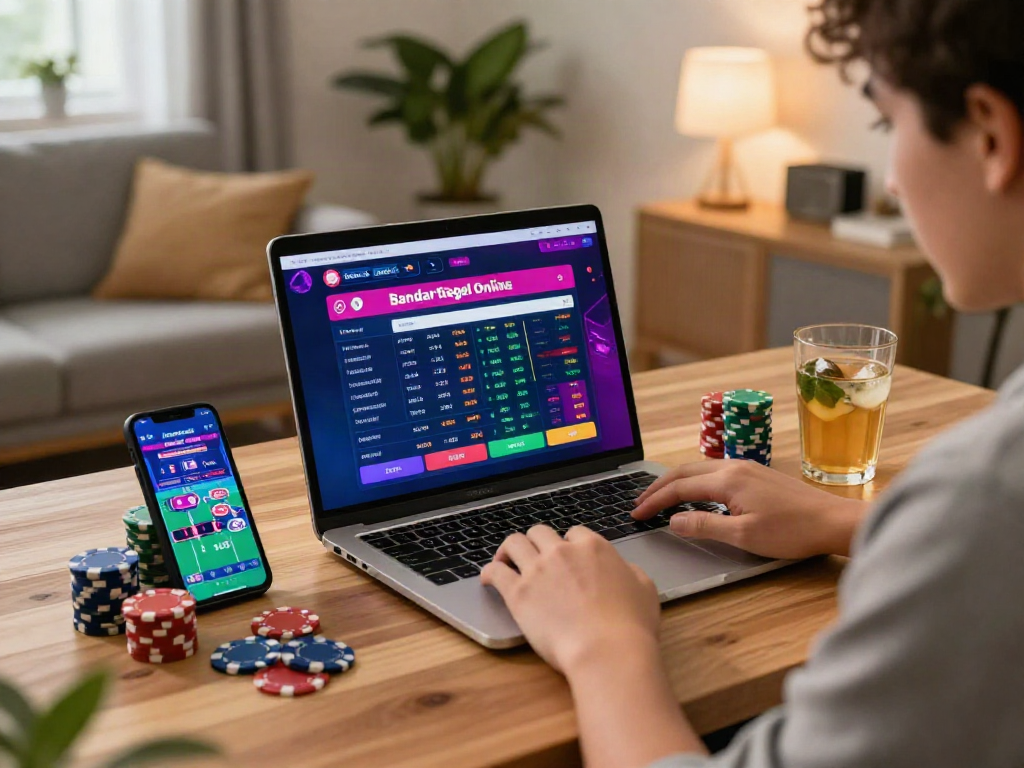 Enjoying bandar togel online betting in a stylish home workspace with vibrant gaming elements.