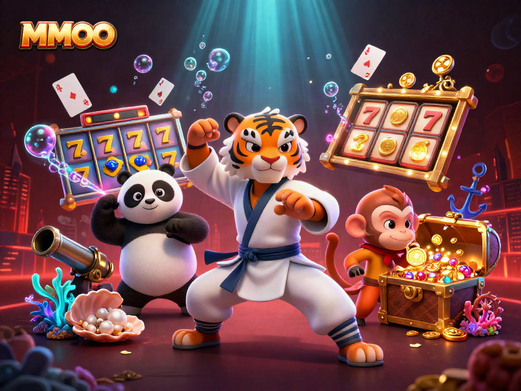 Play exciting slots with MMOO featuring animated kung fu characters and vibrant casino elements.