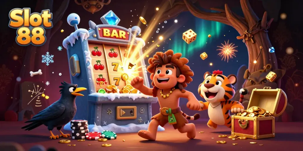 Experience Slot 88 action with vibrant cavemen and sabertooth duo in a prehistoric casino scene.