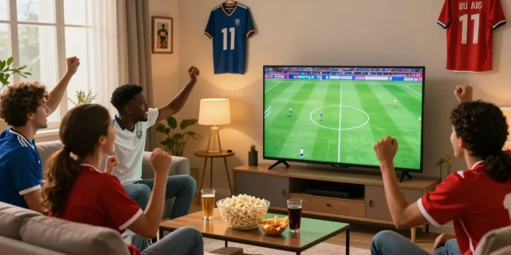 Friends cheering while watching live soccer match at home on tebakskor889.org.