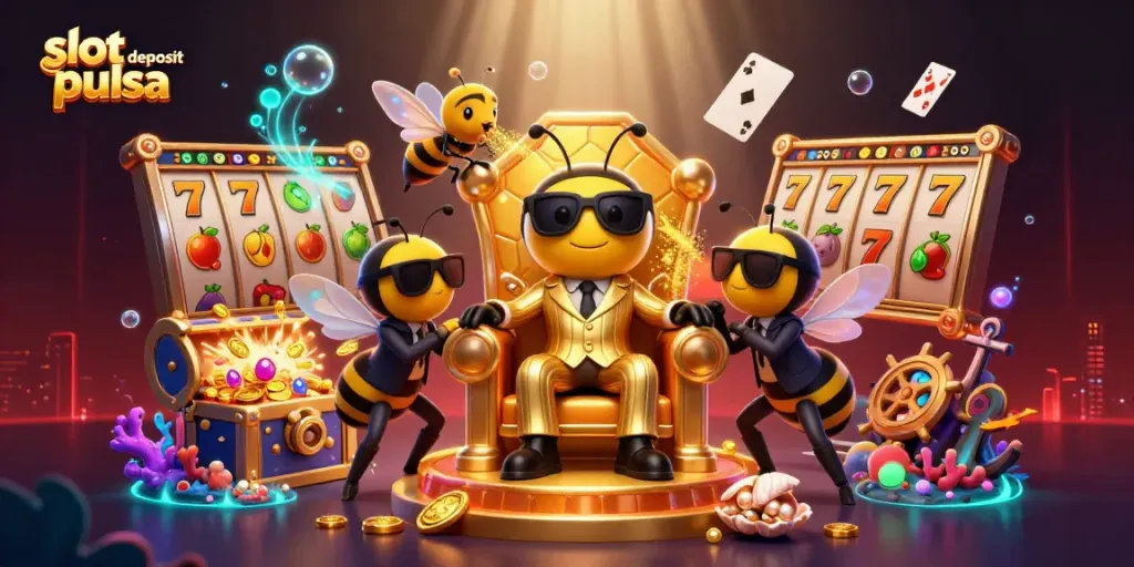 Spin and win with slot deposit pulsa in a vibrant 3D casino scene featuring a bumblebee mob boss.